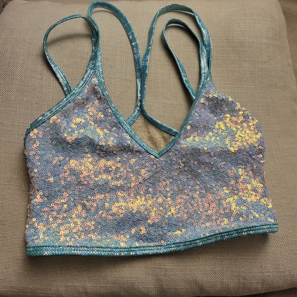 NWOT - J Valentine Cosmic Mint Double Strap Sequin Crop Top - Sz M/L - Picture 2 of 3
